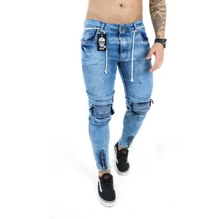 Calça jeans rasgada Skinny Lycra zíper Promoção
