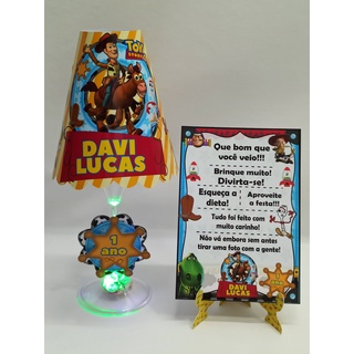 COMBO: 5 Abajures taça c/ led pisca-pisca + 5 Plaquinhas de agradecimento Toy Story (QUALQUER TEMA)