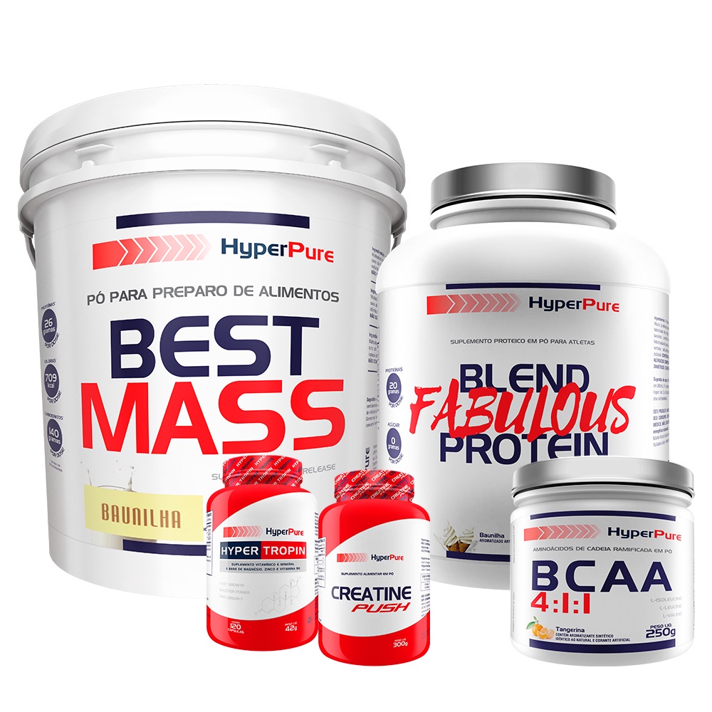 Kit Hipercalórico Best Mass 6Kg + Whey Protein Fabulous 2Kg + BCAA 250g Sabor: Tangerina + Creatina Push 300g + ZMA Hyper Tropin 120 Cáps – Hyperpure