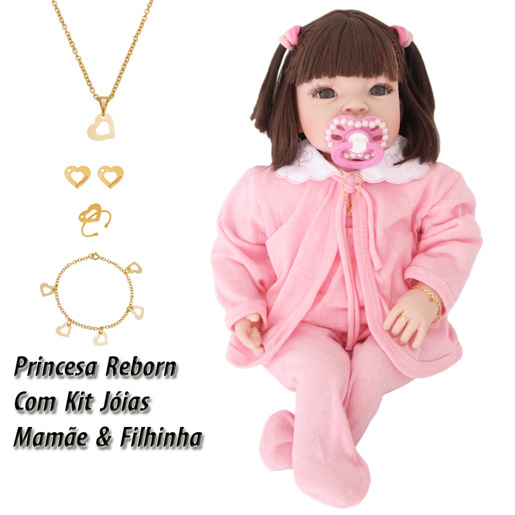 Boneca Bebe Reborn Fofinha Princesa 46cm Com Kit Acessórios no