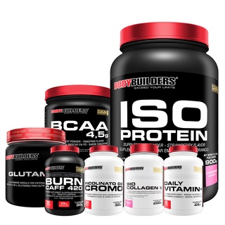 Kit Suplemento de Proteína Isolada Iso Protein 900g + Burn Caff 420 60 Cáps + Glutamina 100% 300g + Bio Collagen II 200g + Bcaa 4.5 Powder 250g + Daily Vitamin + 90 Cáps + Picolinato de Cromo 100 Cápsulas - Kit para Academia e Musculação - Bodybuilders