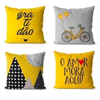 Kit 4 capas de almofadas diversas estampas amarelo preto e cinza 45x45