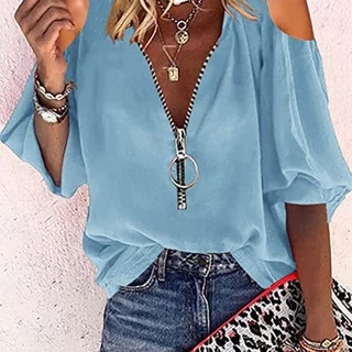 2022 Verão Blusas E Tops Moda Zíper V Pescoço 3/4 Manga Elegante Escritório Trabalho Senhora Camisa Casual Larga Blusa