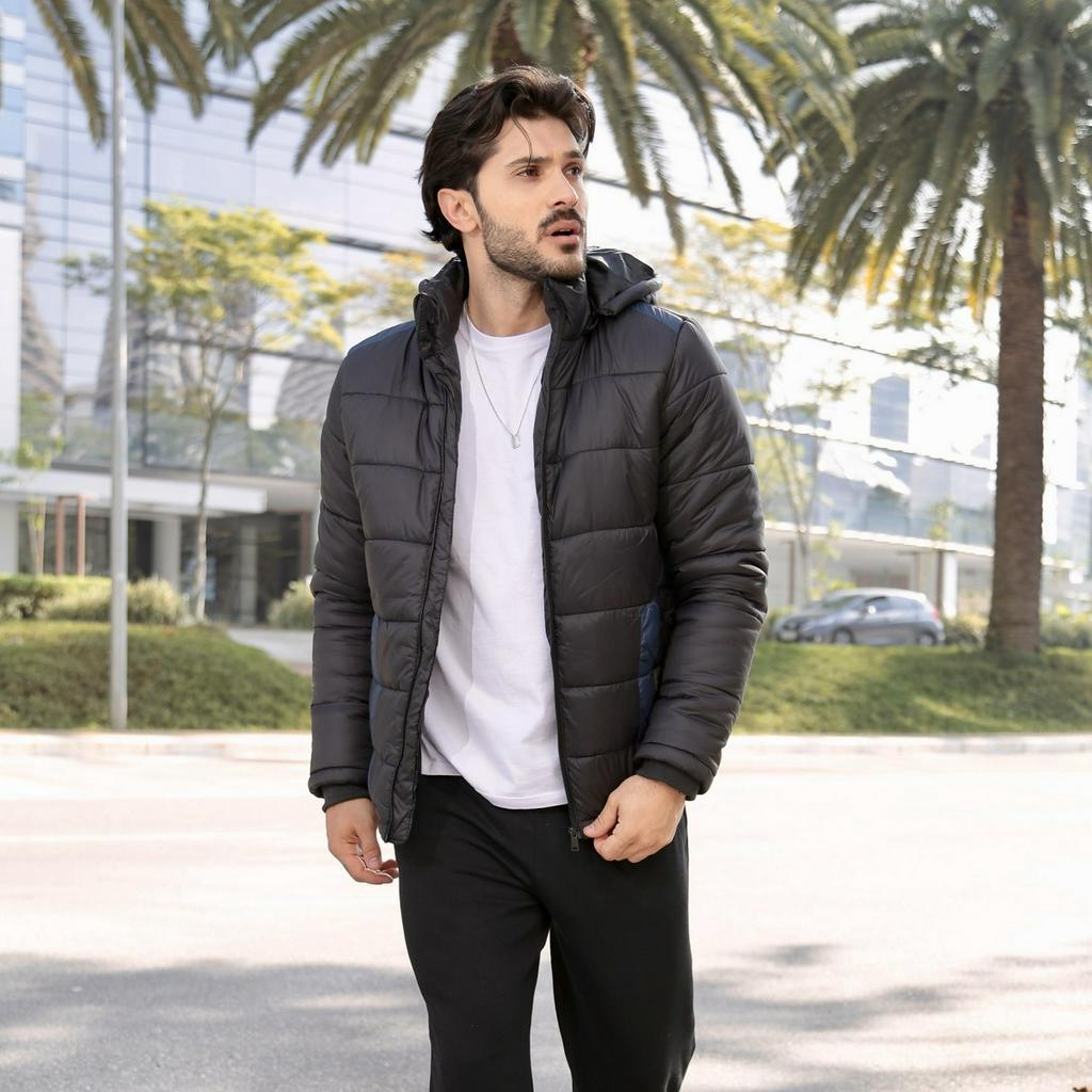 Jaqueta Masculina Puffer Com Capuz Recorte Vermelha