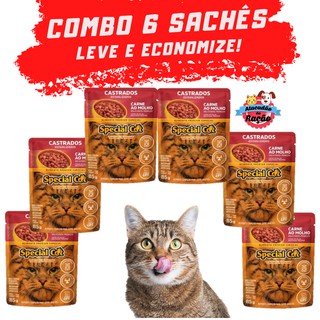 Combo 6 Ração Úmida Special Cat Castrados Sachê Sabor Carne ao Molho 85g