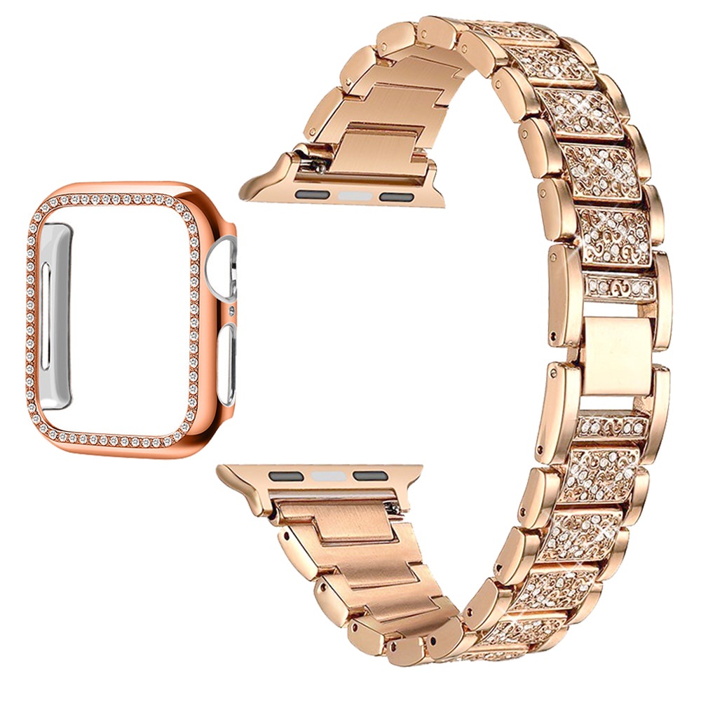 2 Em 1 Bling Assista Strap + Case Para Apple Watch Band Série 7 6 5 4 3 2 1 SE Mulheres Senhora Diamante Cinta Banda IWatch 7 41MM 45MM 44MM 40MM 42MM 38MM Pulseira De Aço Inoxidável