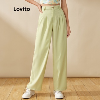 Lovito Casual Plain Cintura Alta Calças Perna Larga L20D1046 (Verde Claro)