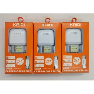 Carregador 2.4A 2 USB Com Cabo V8(Micro USB)/Tipo C/iPhone KAIDI KD-556