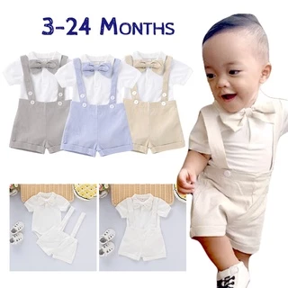 0-24 Meses Baby Gentleman Outfit Boys Fantasias Formais Manga Curta Camisa Branca Com Laço Romper