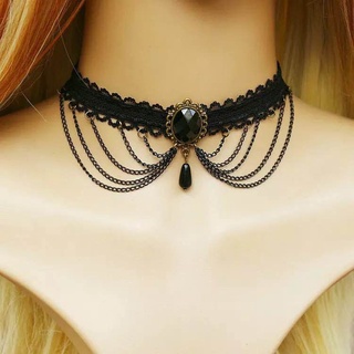 KIT 5 por 10/Chocker preta de renda com correntes e pingentes de pedras lindas