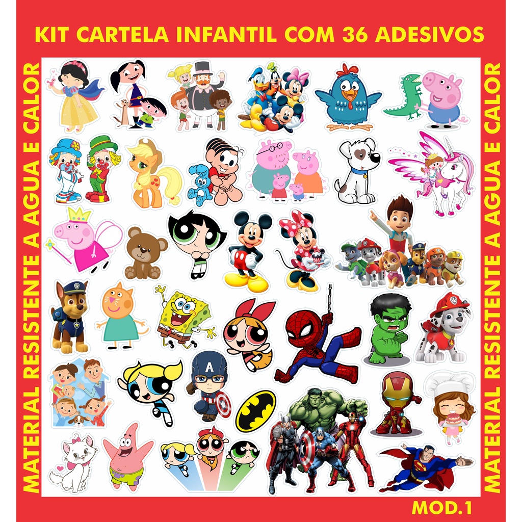 Kit Cartela de Adesivos Tema Infantil c/ 36 Adesivos / Adesivos para ...