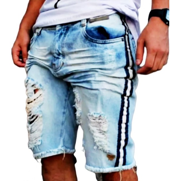 Bermuda Jeans Masculina Clara com Cordão Curta Destroyed Baixo