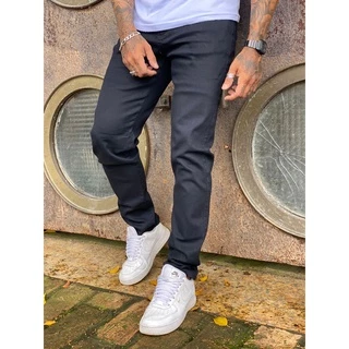Calça Jeans Masculina Preta Slim Tradicional Reta Skinny Com Lycra Elastano
