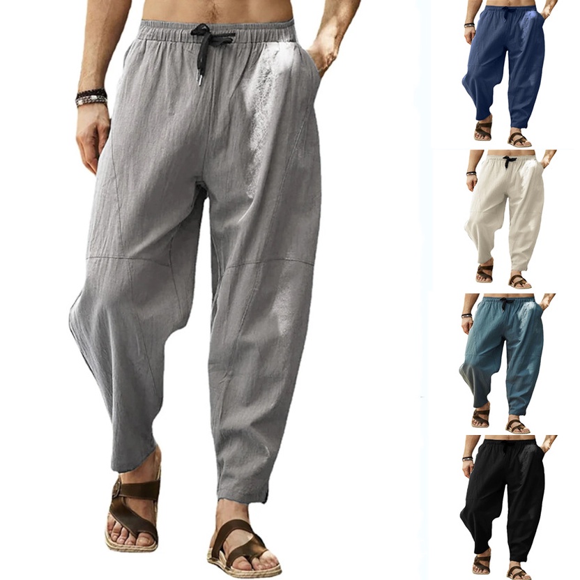 Calça De Algodão Casual Frouxa Masculina Longa Sólida Hippie Perna ...