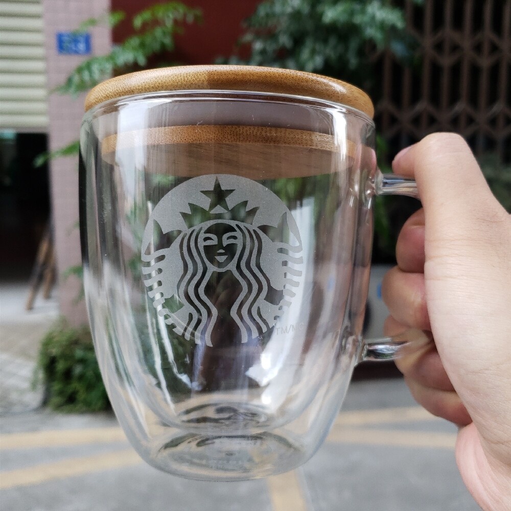 350 Ml/450 STARBUCK Café Caneca De Vidro Com Tampa De Bambu Dupla Parede Transparente Copo De Canecas Latte Cappuccino Para Uso Leite Chá Suco Bebida