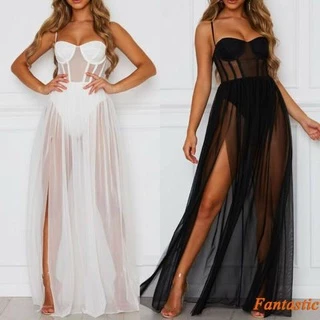 Vestido Feminino De Uma Peça Sem Manga De Cor Única Transparente Preto / Branco
