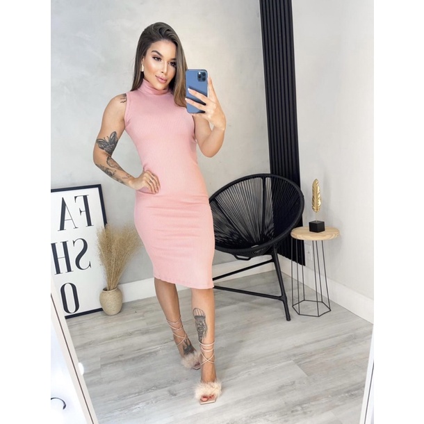 Vestido canelado sale midi rose