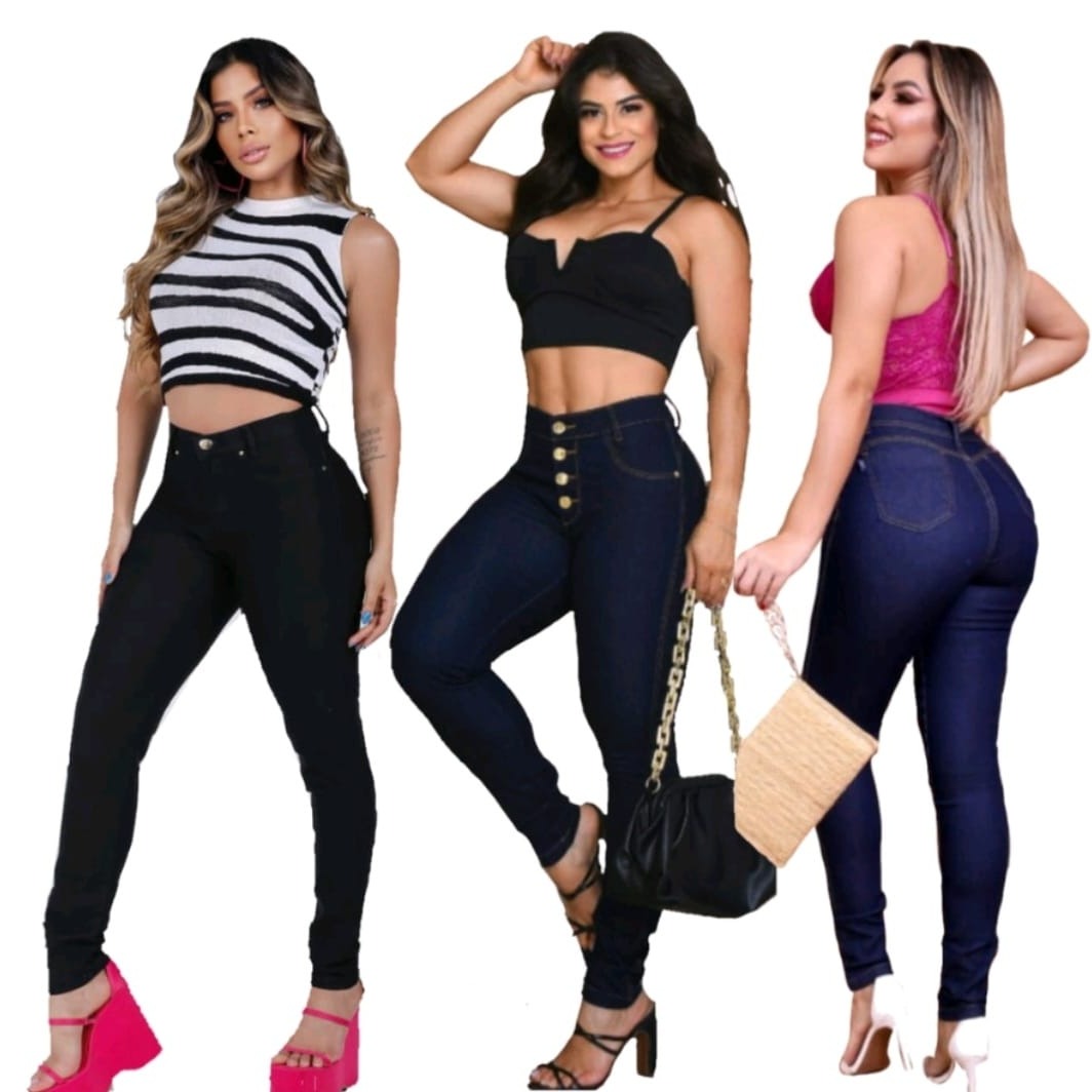 Calça Jeans Feminina Escura Arranhados Premium Modela Levanta Bumbum Cós  Cintura Alta Skinny com Elastano Lycra Envio Imediato