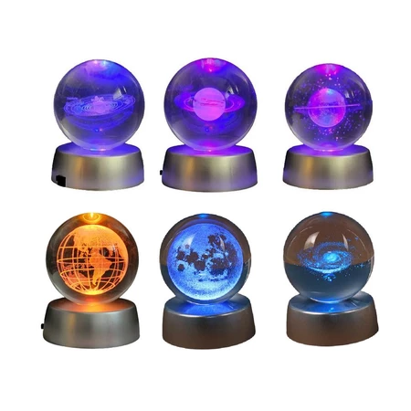 Mini Luminária Led Enfeite Decorativo Globo De Vidro Maciço 3D Sistema Solar Saturno Galáxia Terra