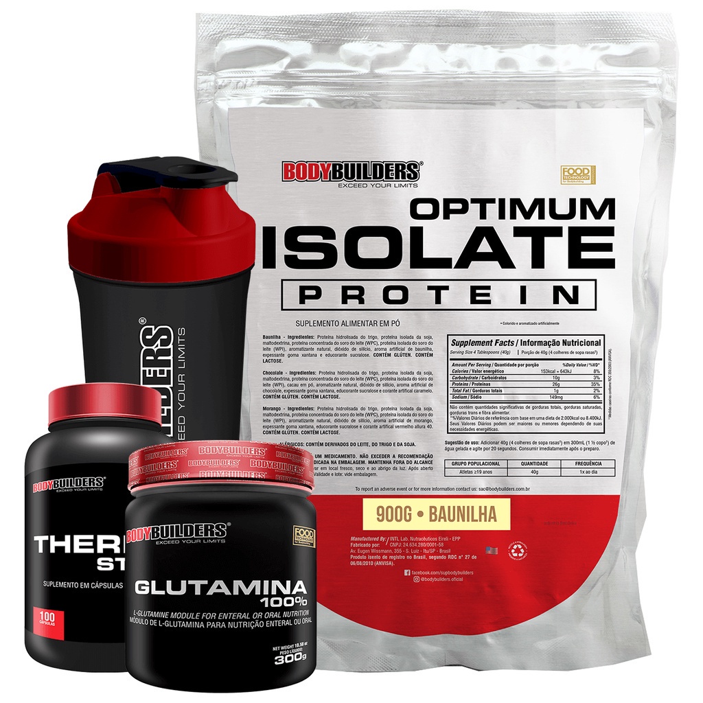 Kit Optimum Isolate Whey Protein 900g, Thermo Start 100 Cápsulas, Glutamina 300g, Coqueteleira – Bodybuilders