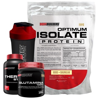 Kit Optimum Isolate Whey Protein 900g, Thermo Start 100 Cápsulas, Glutamina 300g, Coqueteleira - Bodybuilders
