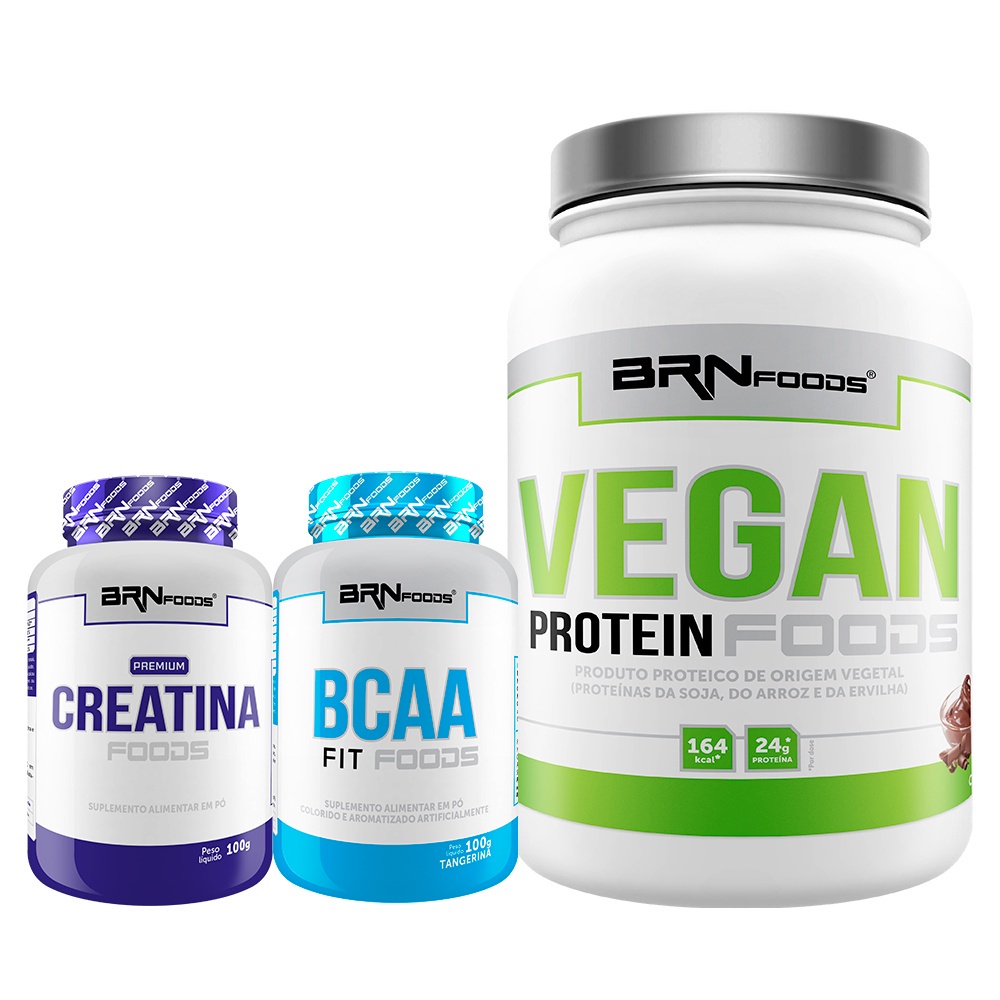 Kit Proteína Vegana Vegan Protein 500g + Premium Creatina Sabor Tangerina 100g + BCAA Fit Foods 100g – BRN FOODS