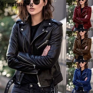 Jaqueta De Couro Sintético Feminina Slim Com Zíper/Moto em Promoção na Shopee Jaqueta De Couro Sintético Feminina Slim Com Zíper/Moto