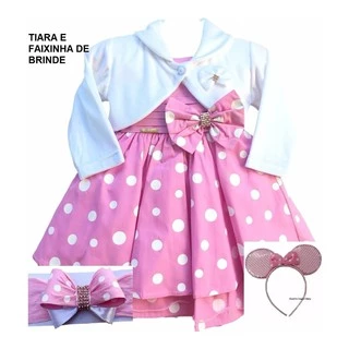Vestido Festa Minnie Rosa Luxo E Tiara Faixa Bolero Promoçao