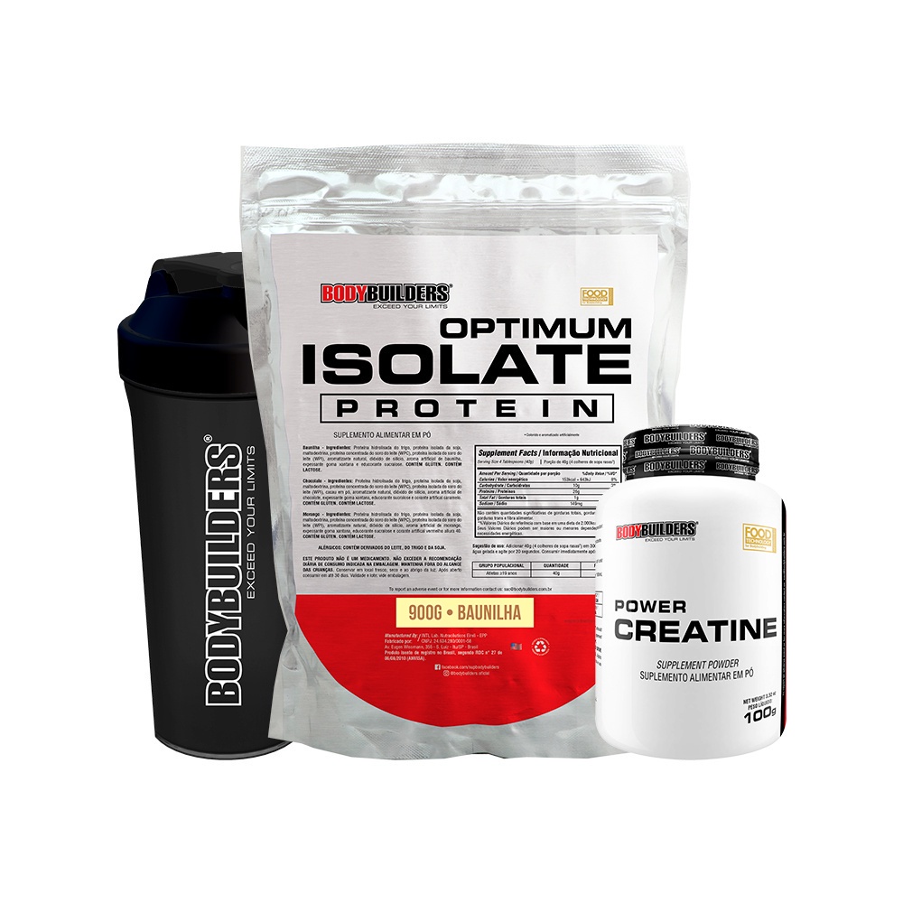 Kit Whey Optimum Isolate Protein 900g + Power Creatina 100g + Coqueteleira – Kit Para Ganho de Massa Muscular Magra e Força Durante os Treinos – Bodybuilders