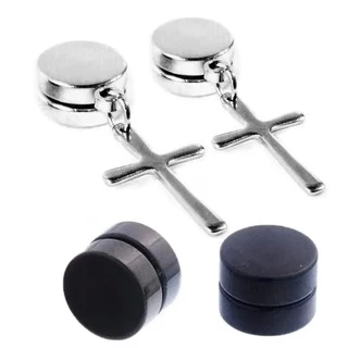 kit 2 pares brinco masculino feminino com imã magnetico redondo cruz crucifixo não precisar de furo em aço inox cor preto prateado