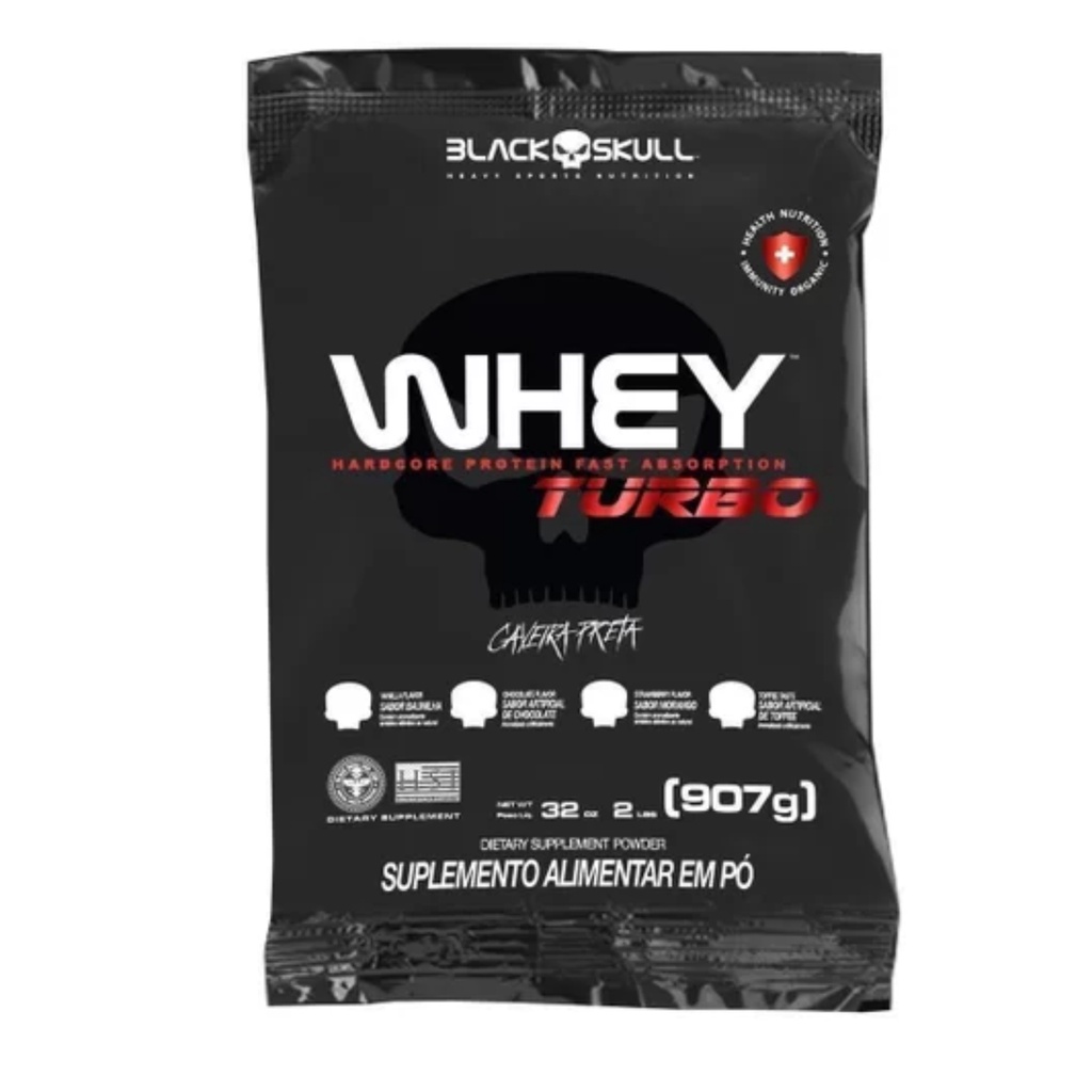 Whey Protein Black Skull Turbo 907G Refil Almofada Proteína suplemento alimentar ganho de massa muscular