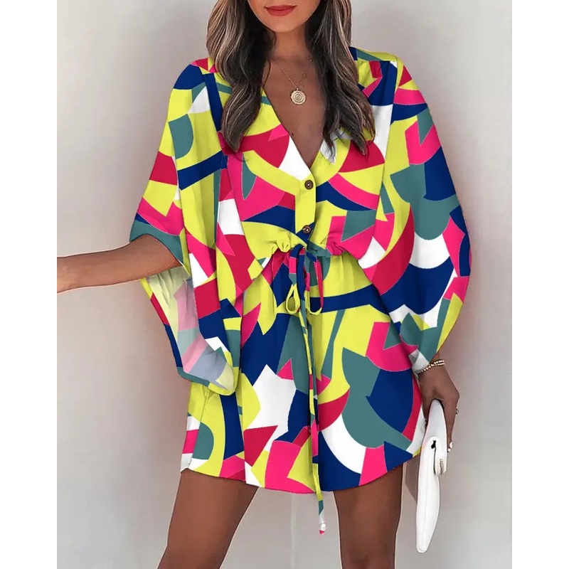 Vestido Feminino Manga Morcego/Folgado/Gola V/Estampado/Linha A/Casual/Boho Para Praia/Férias 2022