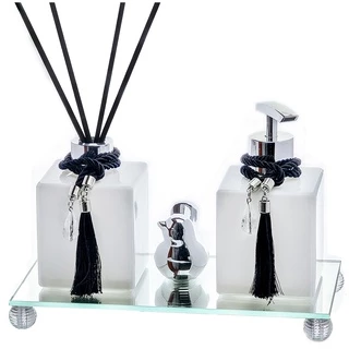 Kit Lavabo Branco e Prata Vidro Cubo Difusor e Saboneteira Líquida 250ml Com Bandeja e Passarinho