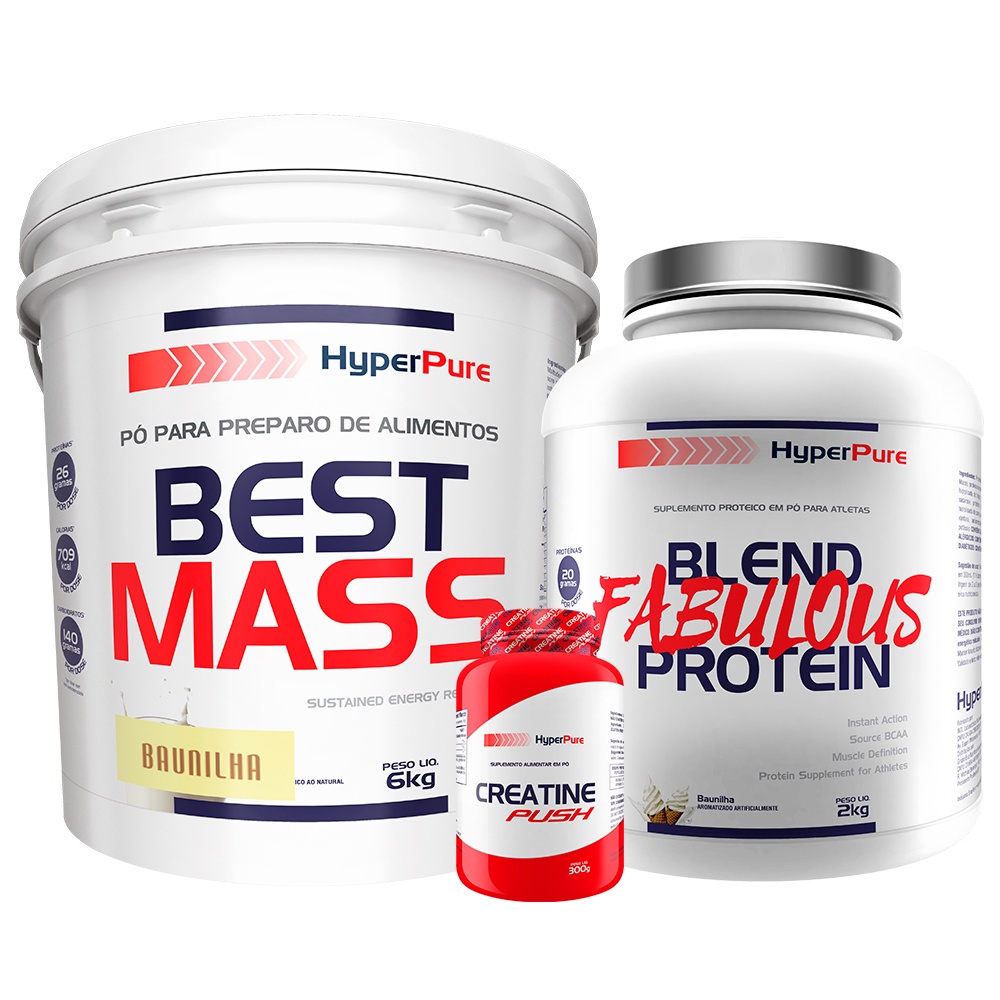 Kit Hipercalórico Best Mass 6Kg + Whey Protein Fabulous Protein 2Kg + Creatina Push 300g – Hyperpure Kit para ganho de massa magra e melhor desempenho no treino