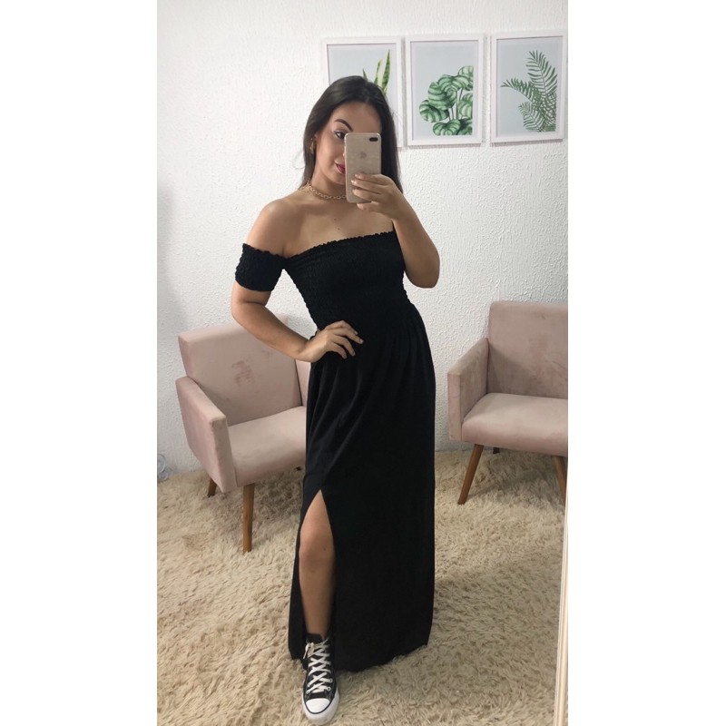 Vestido preto best sale simples longo