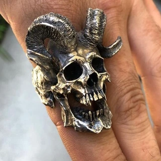 Anel Do Crânio De Cabra Vintage Gótico Masculino 316L De Aço Inoxidável Demoníaco Satã