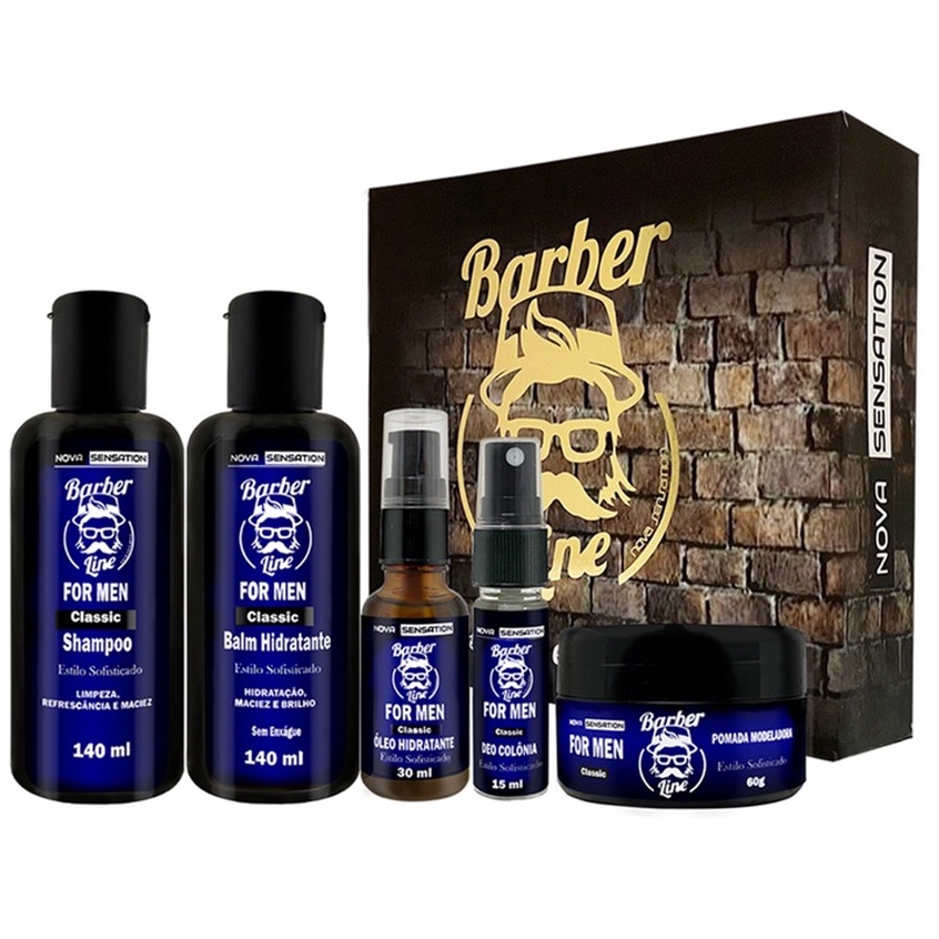 Kit para Barba Classic com 5 itens Shampoo Balm Hidratante Óleo Pomada Modeladora Colônia Nova Sensation Presente