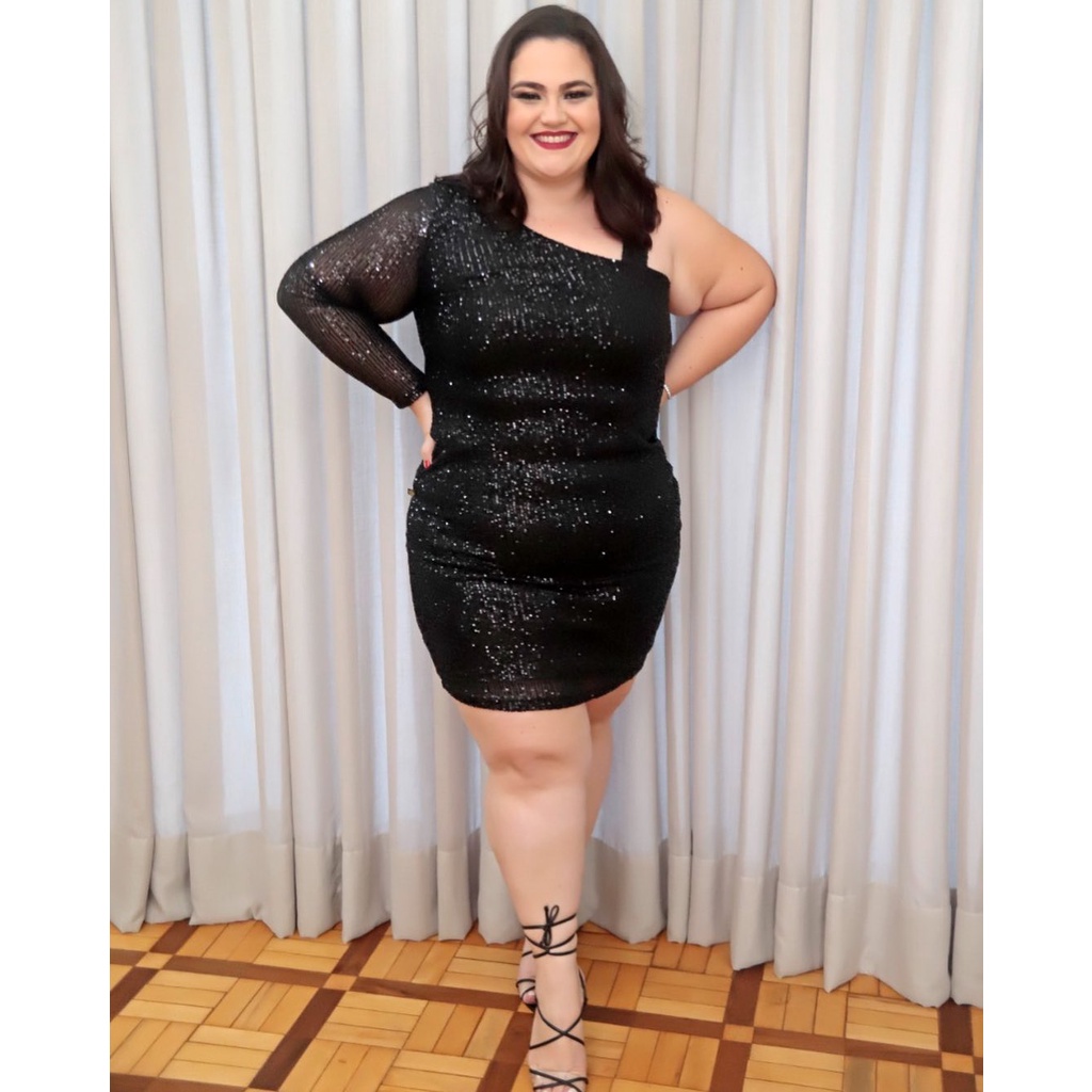 vestido preto plus size no paetê balada festas