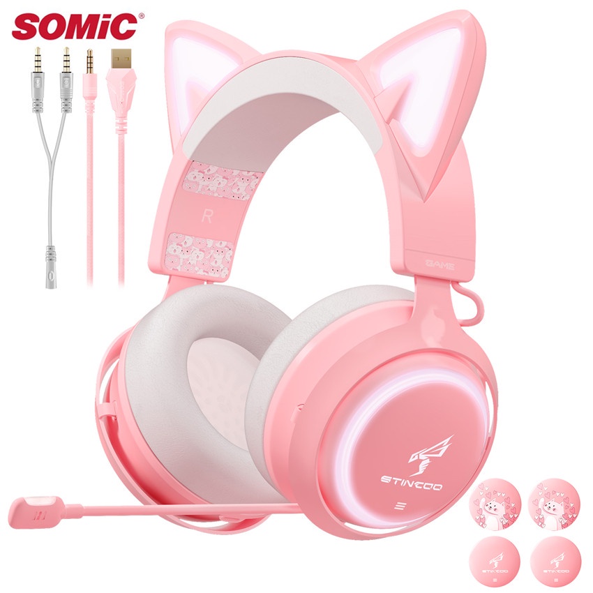 Fone de ouvido feminino SOMIC G951s rosa estéreo para jogos com microfone  para PS4, Xbox One, PC, celular, som de 3,5 mm removível, orelha de gato  leve auto-ajustável