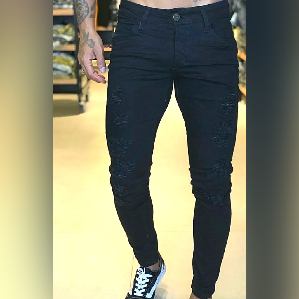 Calça Jeans Skinny Masculina Rasgada Lycra Preto