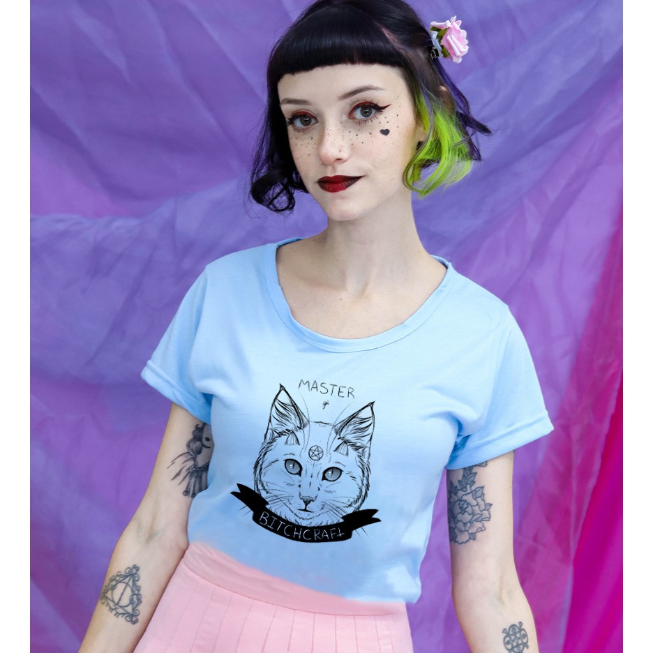 Camiseta Demon Cat Azul By Bianca Pronta entrega Shopee Brasil