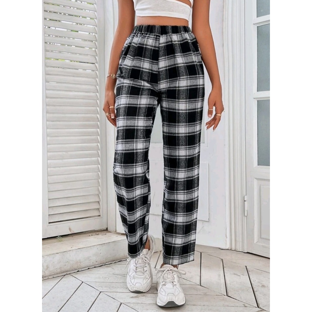 Cal a Xadrez Cintura Alta Folgada Blogueira Preta Feminina Masculina Flanelada Algod o Tend ncia
