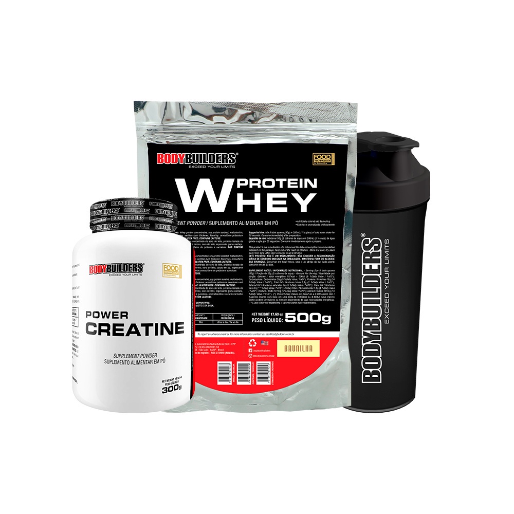 Kit Whey Protein Concentrado em Blend Proteico 500g + Power Creatina 300g + Coqueteleira – Ganho de Massa Muscular Magra – Bodybuilders