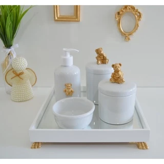 Kit Higiene Bebê K014 Dourado Moderno Bandeja MDF branca Potes Porcelana Gel Moderno