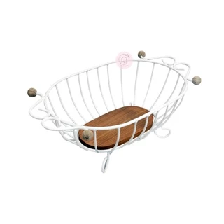 Fruteira de Mesa Artesanal Ferro e Madeira Oval Branca