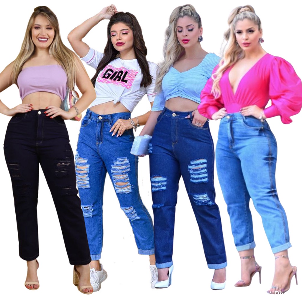 Calça Mom Jeans Feminina Destroyed Azul Claro Cintura Alta