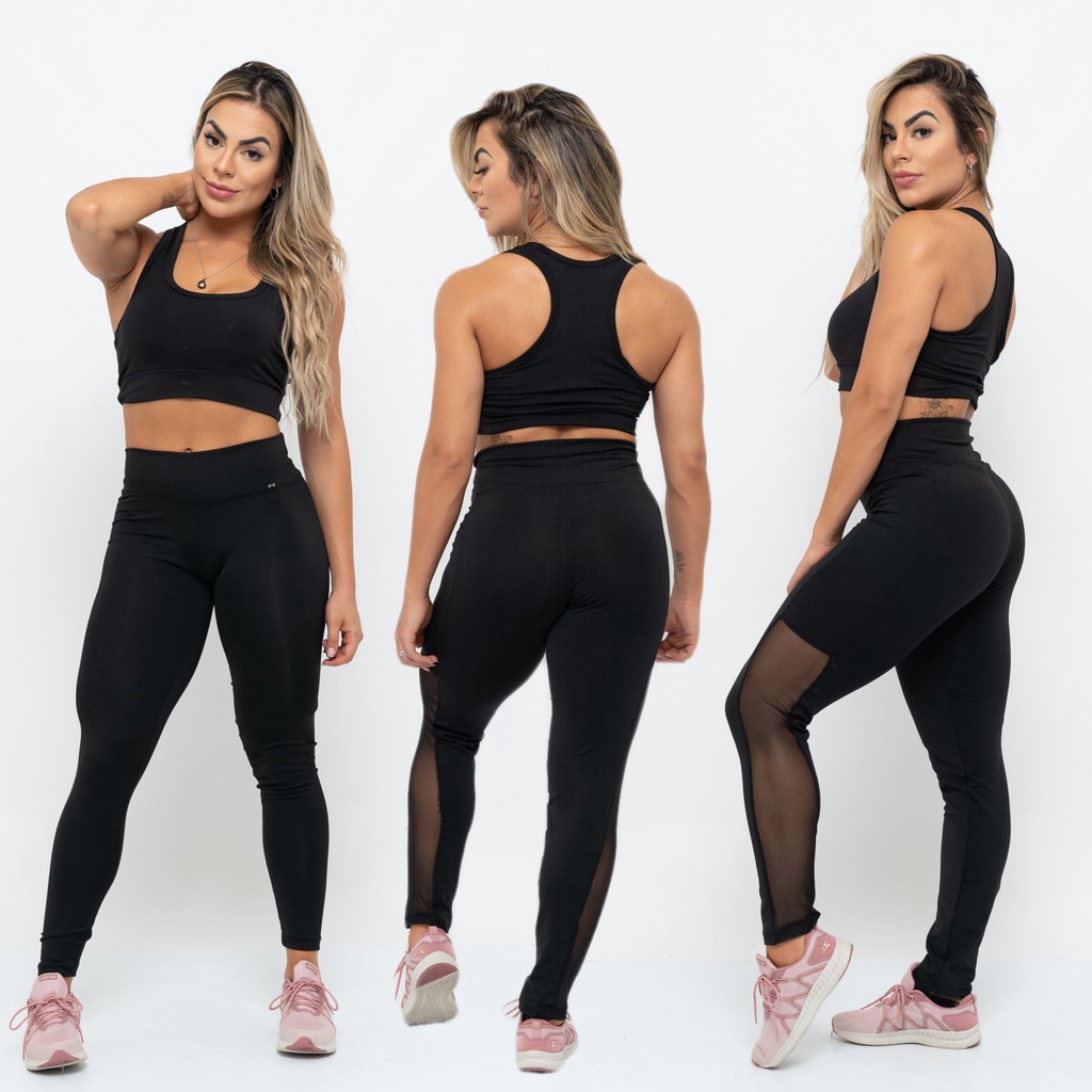 Conjunto Feminino Fitness Roupa de Academia com Tule Barato Cropped Top E  Legging Feminina Promoção Calca Suplex Feminina Lisa Cos Alto Moda Fitness  Calça Legging Feminina Preta Grossa Dia A Dia Valor