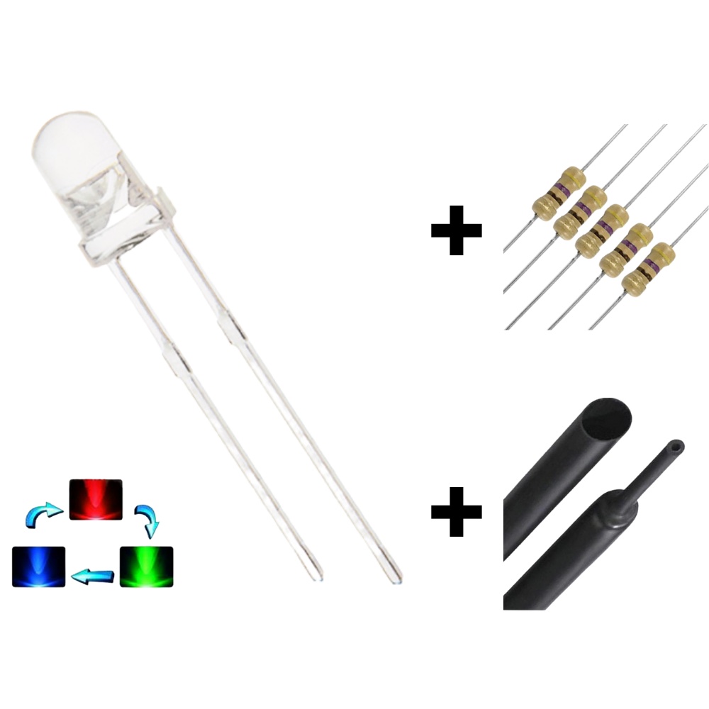 Kit led 3mm Alto Brilho RGB Flash Rápido + Termo + Resistor - 100 unidades