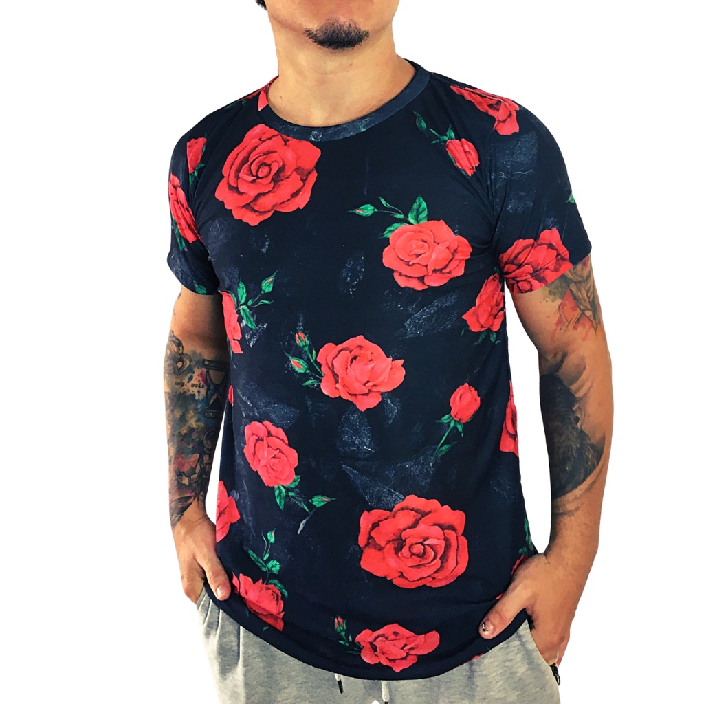 Camiseta Camisa Longline Oversized Rosas Floral Flores Malha Top