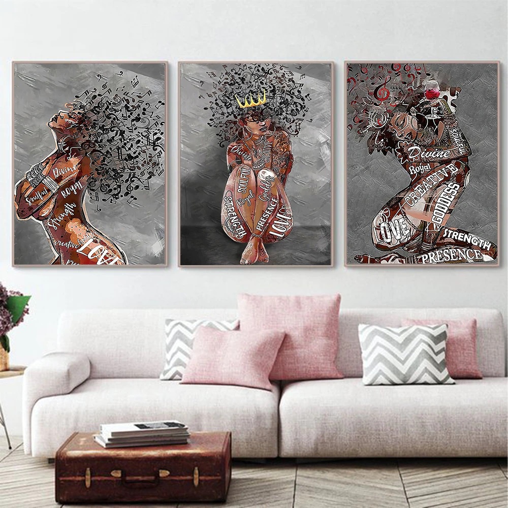 Quadro Decorativo 3 Peças 40x60 Mulher Africana Americanoafro Menina Música Carta Rainha Meninas 2022